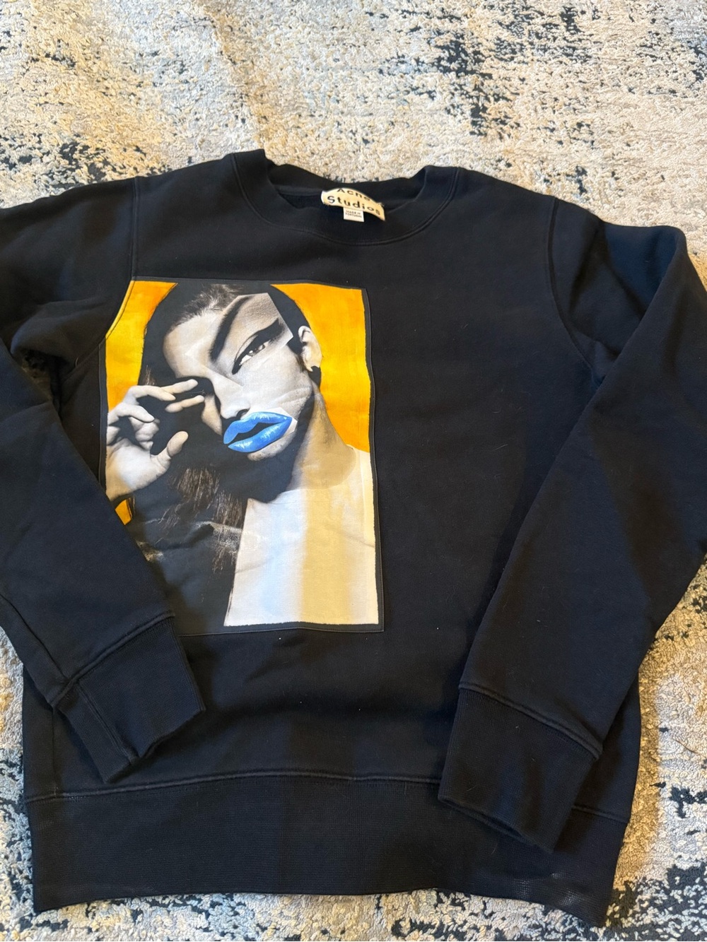 Acne Black Crewneck Sweatshirt with Yellow Panel and Blue Lip Graphic